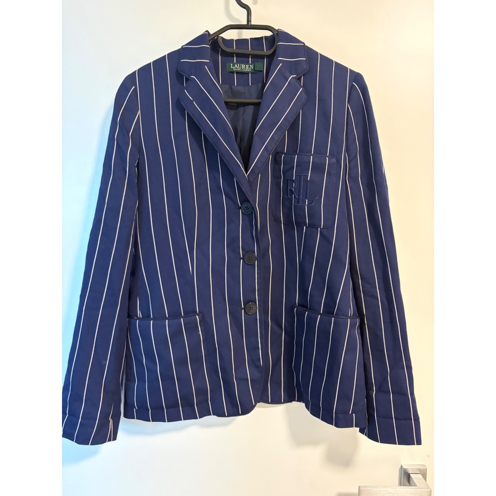 Lauren Ralph Lauren Navy Pinstripe Monogram Blazer Jacket Size 8